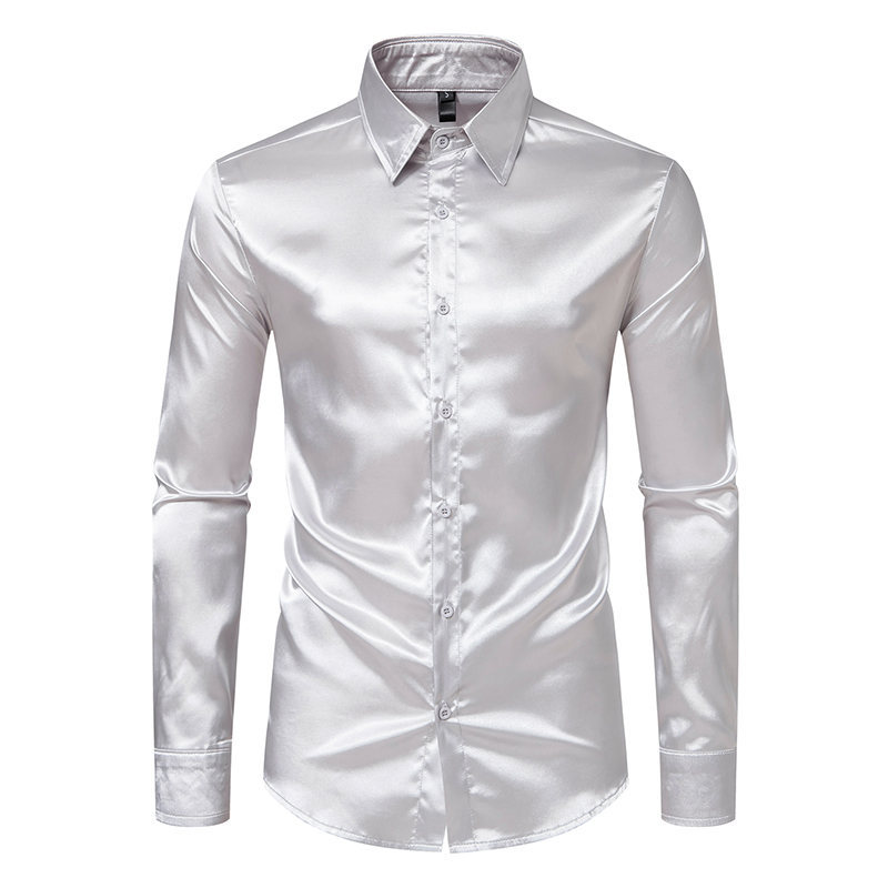 Herren Schwarz Satin Luxus Oberhemden Männer Smoking Hemd Slim Fit Hochzeit Party - Bild 11 von 12