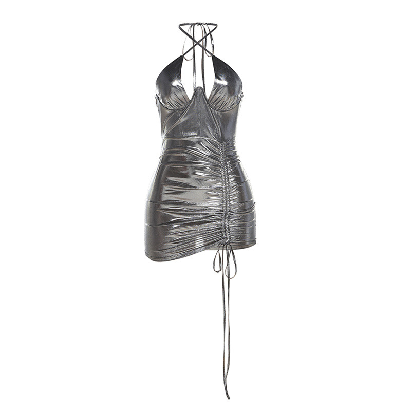 Vestito donna bodycon metallizzato festa lucido senza schiena sexy mini dress - Foto 13 di 17