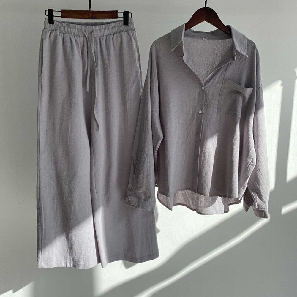 Womens Plus Size Cotton Linen Button Tops+Pants Ladies Casual Loungewear Outfits - Imagen 16 de 22