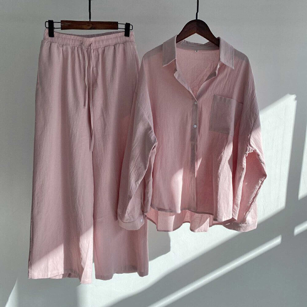 Womens Plus Size Cotton Linen Button Tops+Pants Ladies Casual Loungewear Outfits - Imagen 15 de 22