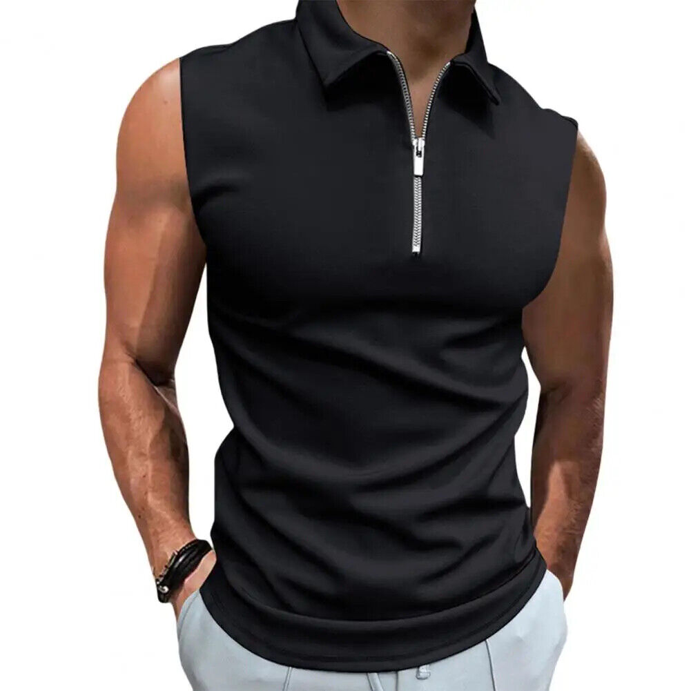 Men Summer Vest Sleeveless Lapel Zip Neckline Men Tank Top Slim Fit T-shirt - Imagen 15 de 20