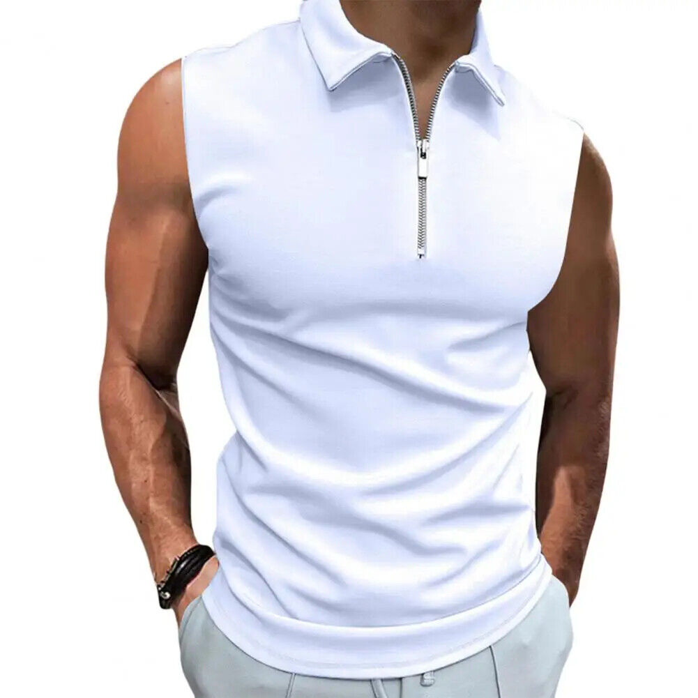 Men Summer Vest Sleeveless Lapel Zip Neckline Men Tank Top Slim Fit T-shirt - Imagen 17 de 20