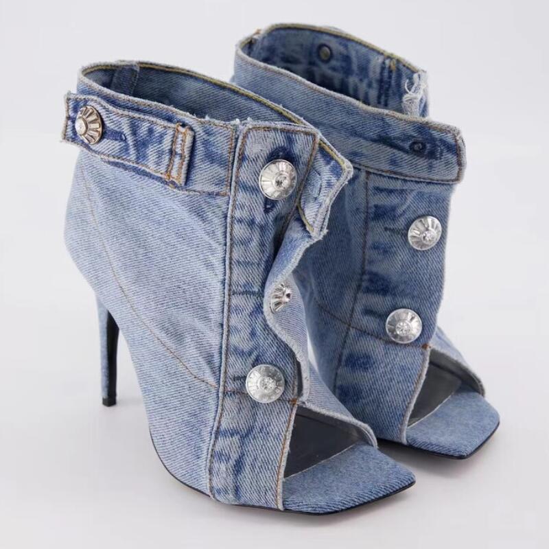 Fashion Women's Summer Denim Short Boots Thin High Heel Fish Mouth Sandals - Picture 10 of 11