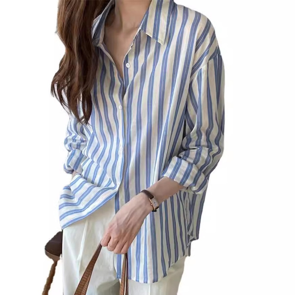 Casual Long Sleeve Women's Stripes Shirt with Lapel for Everyday Fashion Tops - Picture 10 of 12