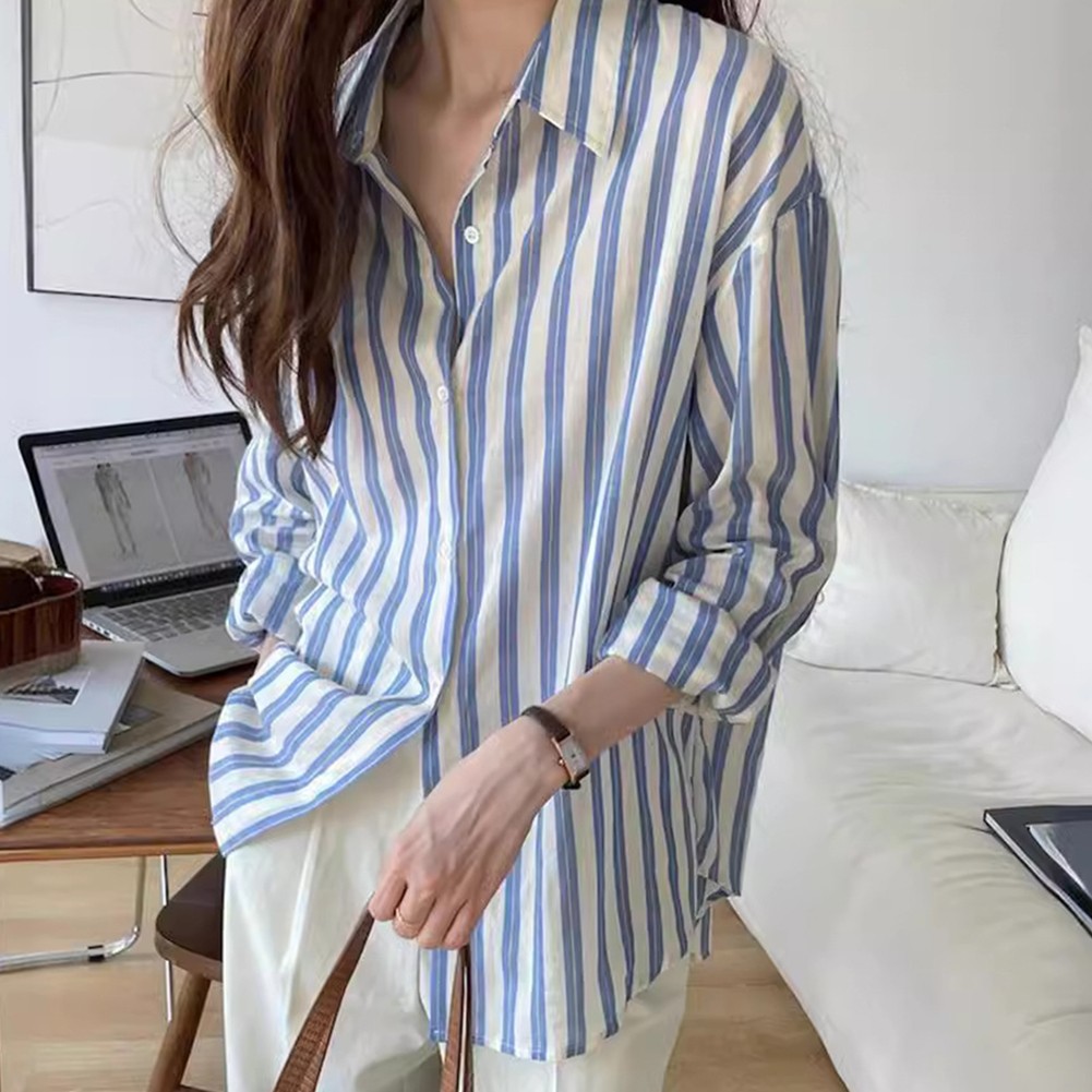 Casual Long Sleeve Women's Stripes Shirt with Lapel for Everyday Fashion Tops - Picture 11 of 12
