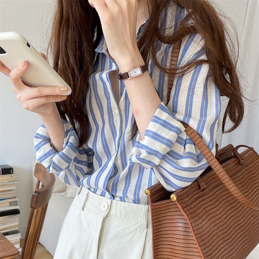 Casual Long Sleeve Women's Stripes Shirt with Lapel for Everyday Fashion Tops - Picture 12 of 12