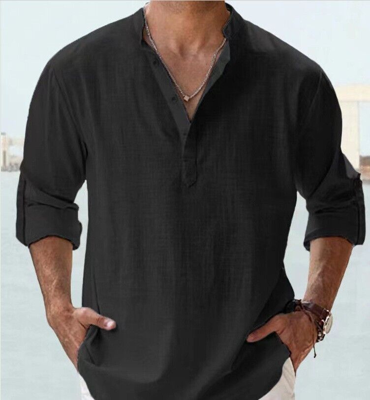 Hombres Camisa Informal Manga Larga Algodón Lino Playa Camiseta Ligera Nueva 8 Colores - Imagen 17 de 28