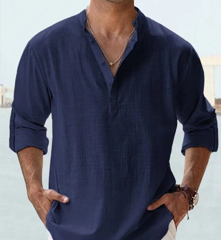 Hombres Camisa Informal Manga Larga Algodón Lino Playa Camiseta Ligera Nueva 8 Colores - Imagen 18 de 28