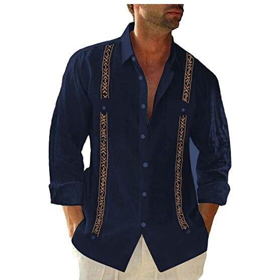 Men's Guayabera Cuban Beach Wedding Long Sleeve Button Up Casual Dress Shirt Top - Imagen 15 de 20