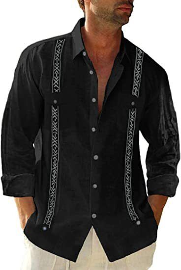 Men's Guayabera Cuban Beach Wedding Long Sleeve Button Up Casual Dress Shirt Top - Imagen 17 de 20