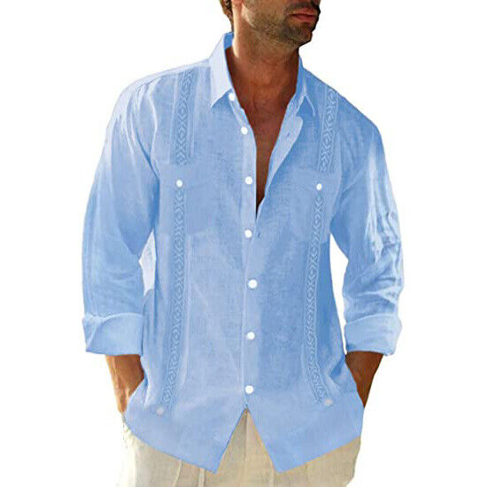 Men's Guayabera Cuban Beach Wedding Long Sleeve Button Up Casual Dress Shirt Top - Imagen 19 de 20