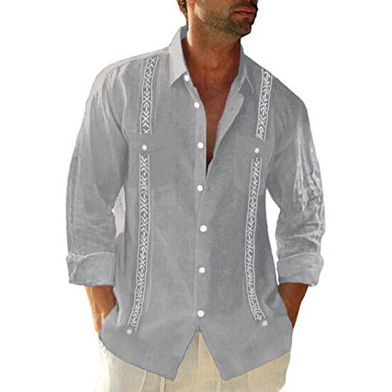 Men's Guayabera Cuban Beach Wedding Long Sleeve Button Up Casual Dress Shirt Top - Imagen 13 de 20