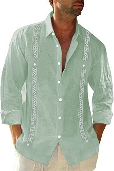 Men's Guayabera Cuban Beach Wedding Long Sleeve Button Up Casual Dress Shirt Top - Imagen 16 de 20