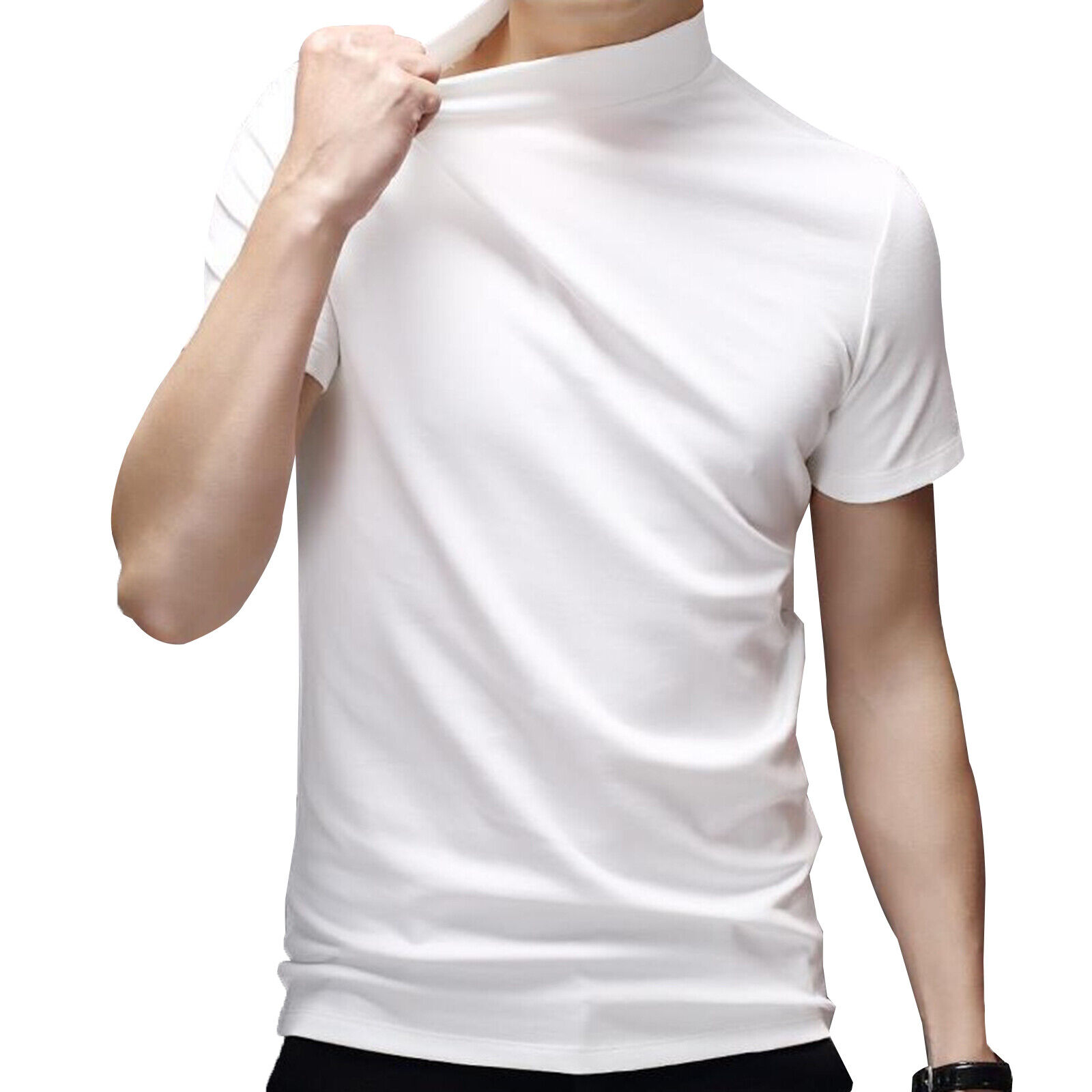 Men's Short Sleeve T-Shirt Mock Turtleneck Casual Pullover Tops Solid Undershirt - Imagen 15 de 17