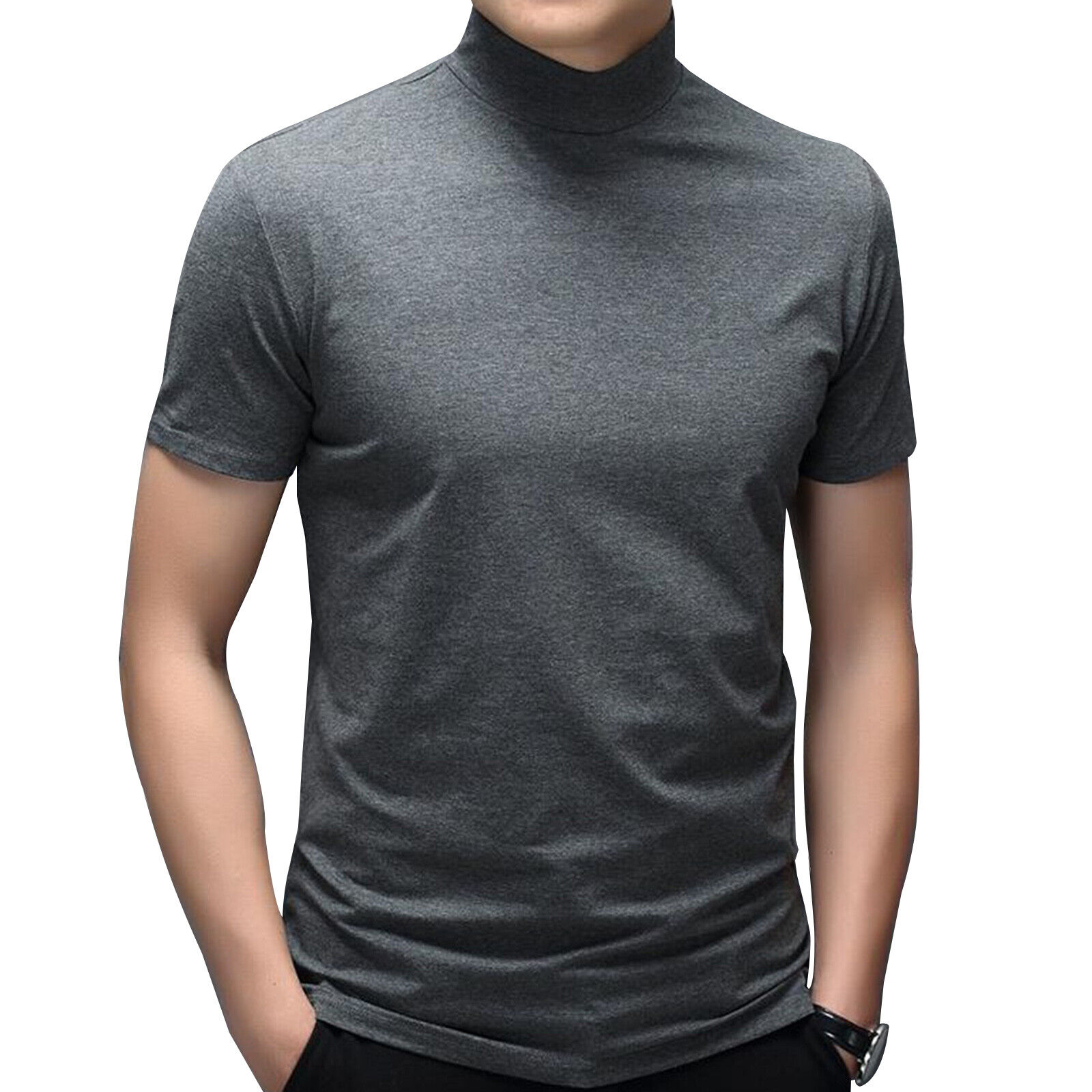 Men's Short Sleeve T-Shirt Mock Turtleneck Casual Pullover Tops Solid Undershirt - Imagen 13 de 17