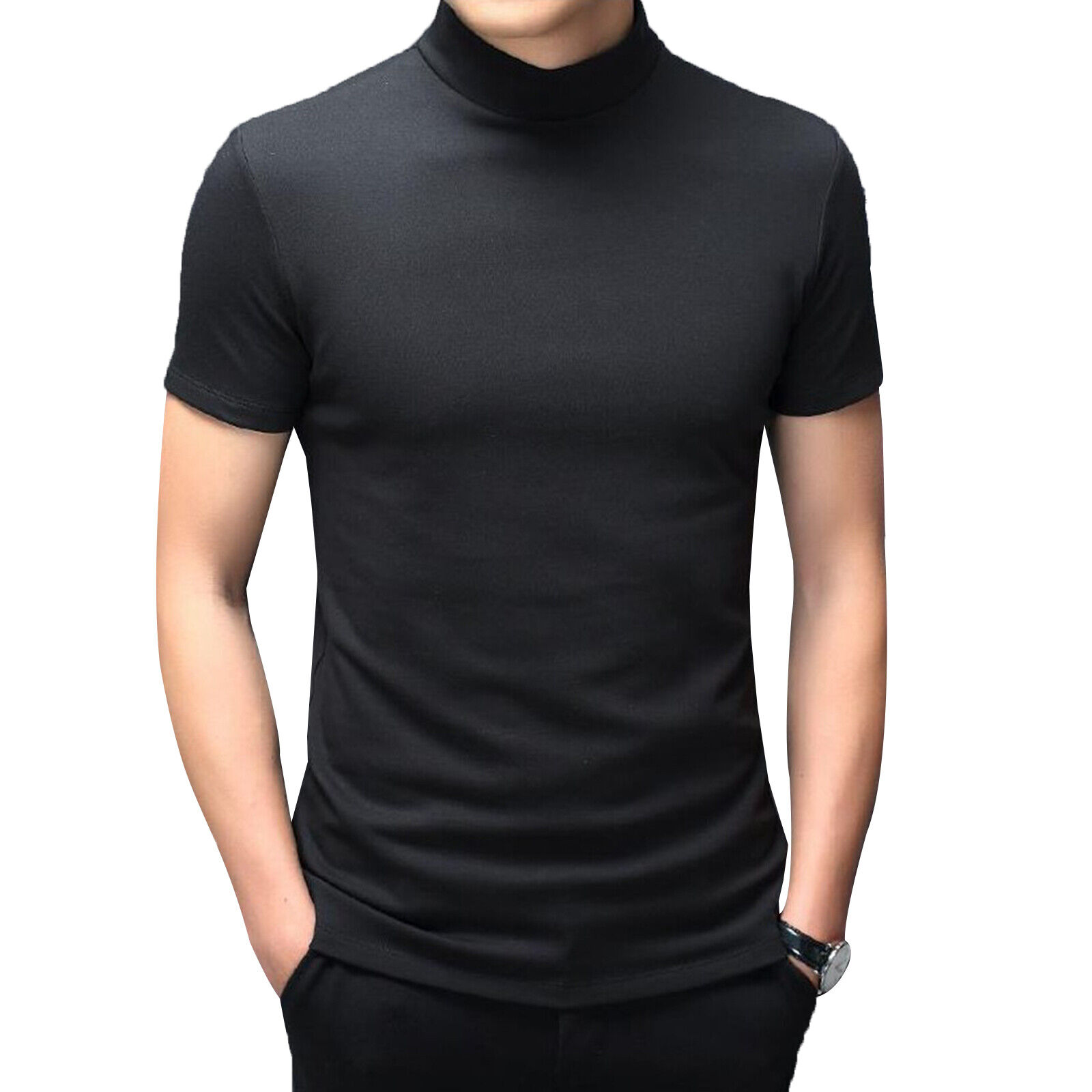 Men's Short Sleeve T-Shirt Mock Turtleneck Casual Pullover Tops Solid Undershirt - Imagen 16 de 17