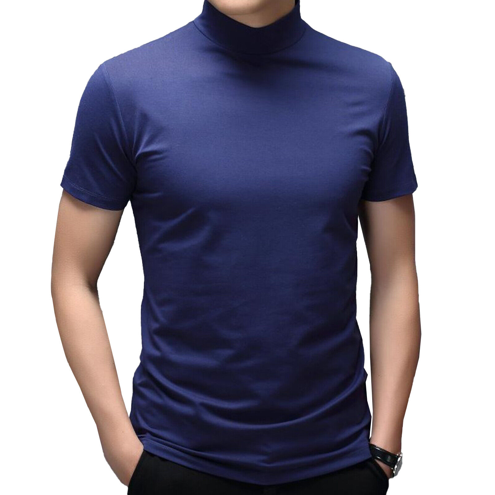 Men's Short Sleeve T-Shirt Mock Turtleneck Casual Pullover Tops Solid Undershirt - Imagen 17 de 17