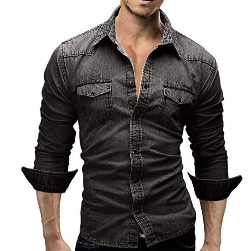 Camicie uomo denim manica lunga jeans cotone lavato slim fit camicie multicolore top - Foto 12 di 14