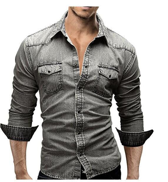 Camicie uomo denim manica lunga jeans cotone lavato slim fit camicie multicolore top - Foto 13 di 14