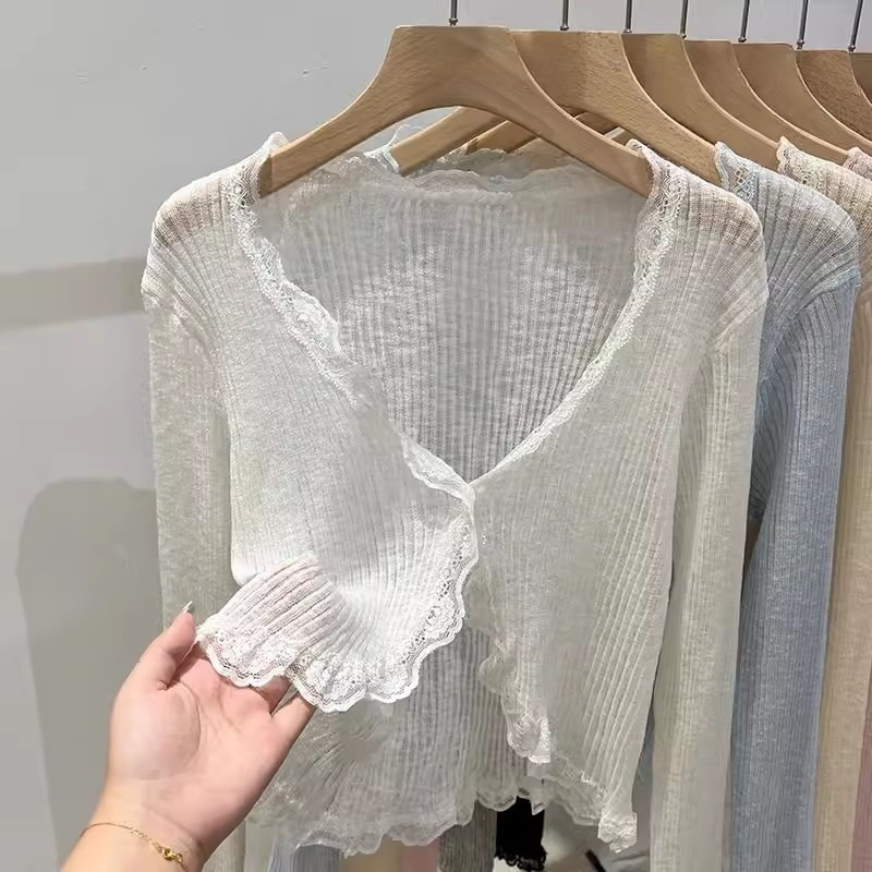 Strickjacke mit Spitzenkanten und V-Ausschnitt, Sonnenschutzjacke, Oberteil für Oberbekleidung - Bild 11 von 15