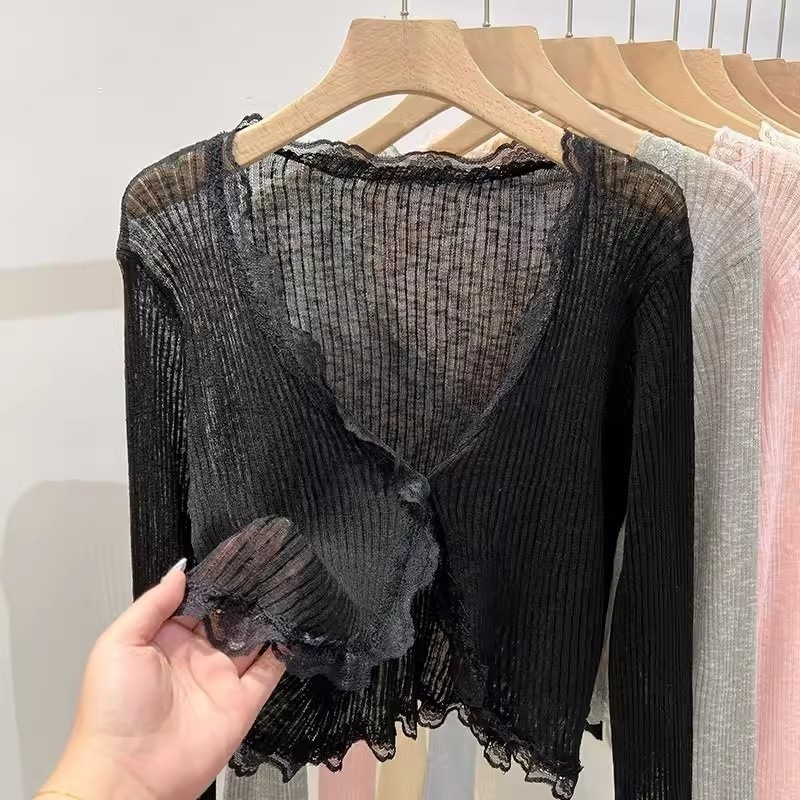 Strickjacke mit Spitzenkanten und V-Ausschnitt, Sonnenschutzjacke, Oberteil für Oberbekleidung - Bild 12 von 15