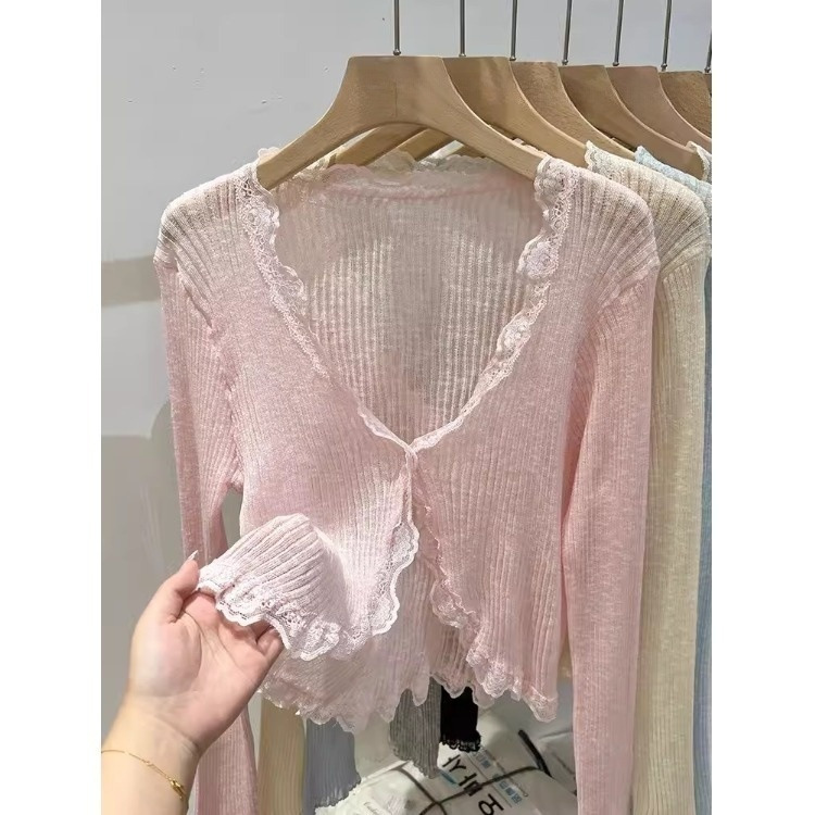 Strickjacke mit Spitzenkanten und V-Ausschnitt, Sonnenschutzjacke, Oberteil für Oberbekleidung - Bild 13 von 15