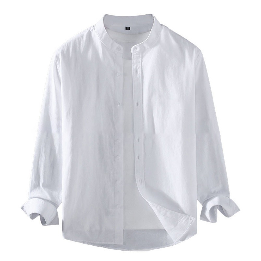 Men's Stand Collar Long Sleeve Linen Blend Shirt Soft Comfortable Solid Tops - Picture 12 of 17