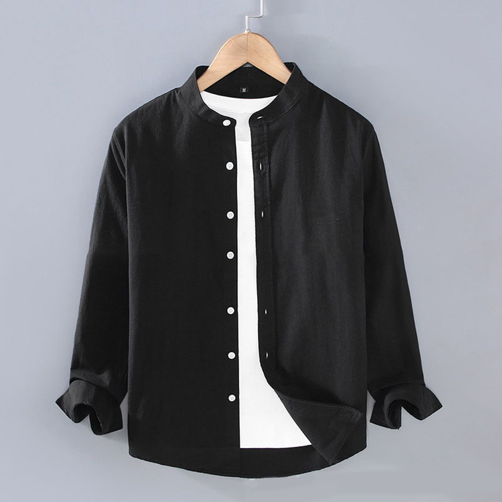 Men's Stand Collar Long Sleeve Linen Blend Shirt Soft Comfortable Solid Tops - Picture 13 of 17