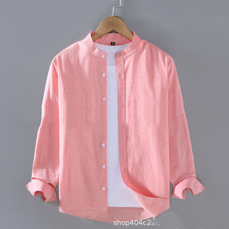 Men's Stand Collar Long Sleeve Linen Blend Shirt Soft Comfortable Solid Tops - Picture 14 of 17