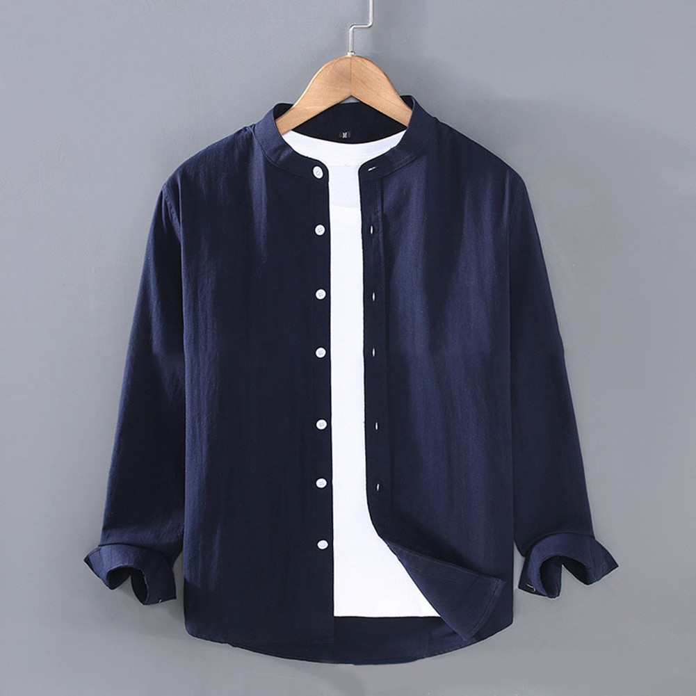 Men's Stand Collar Long Sleeve Linen Blend Shirt Soft Comfortable Solid Tops - Picture 15 of 17