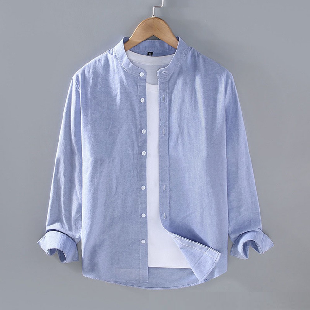 Men's Stand Collar Long Sleeve Linen Blend Shirt Soft Comfortable Solid Tops - Picture 16 of 17
