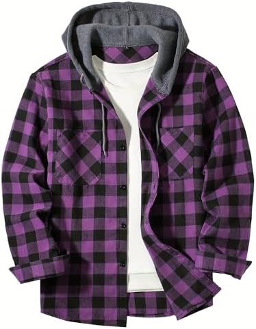 Men's Quilted Flannel Shirt Jacket - Hooded Thermal Plaid Button-Up for Outdoor - Picture 13 of 16