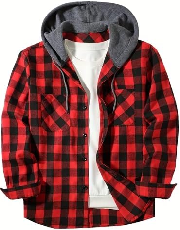 Men's Quilted Flannel Shirt Jacket - Hooded Thermal Plaid Button-Up for Outdoor - Picture 14 of 16