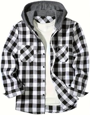 Men's Quilted Flannel Shirt Jacket - Hooded Thermal Plaid Button-Up for Outdoor - Picture 15 of 16