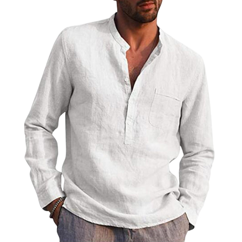 Mens Long Sleeve Cotton Linen Shirt Casual Solid Button-up V Neck Tops T Shirt - Picture 17 of 23