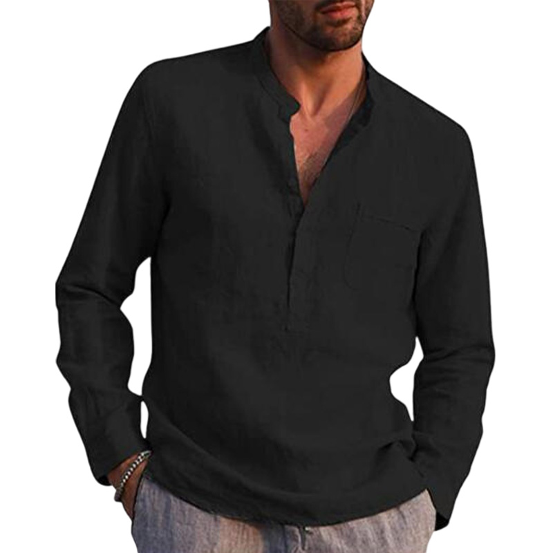 Mens Long Sleeve Cotton Linen Shirt Casual Solid Button-up V Neck Tops T Shirt - Picture 18 of 23