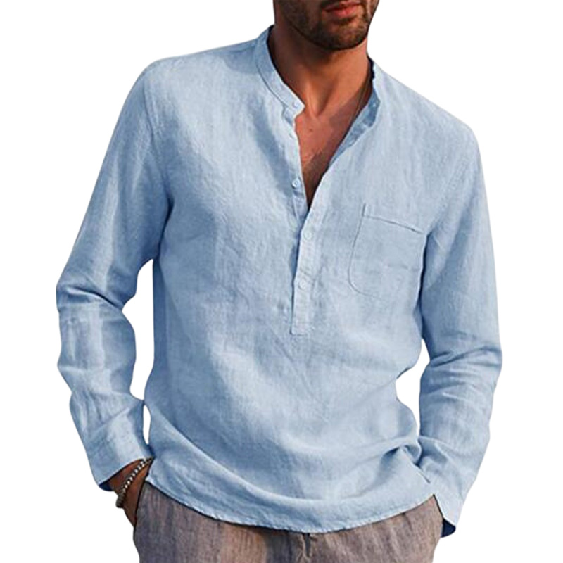 Mens Long Sleeve Cotton Linen Shirt Casual Solid Button-up V Neck Tops T Shirt - Picture 19 of 23