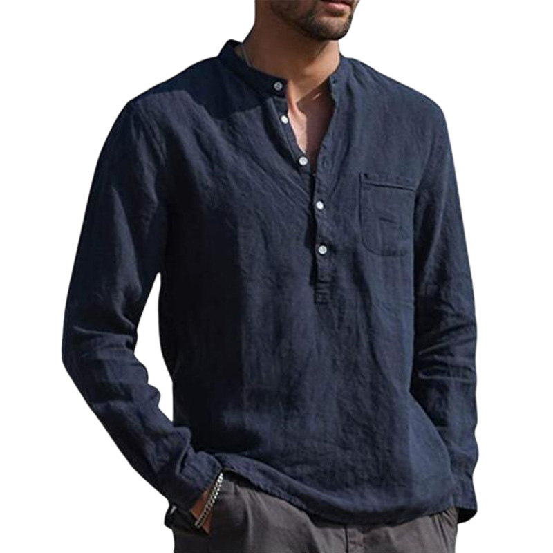 Mens Long Sleeve Cotton Linen Shirt Casual Solid Button-up V Neck Tops T Shirt - Picture 20 of 23