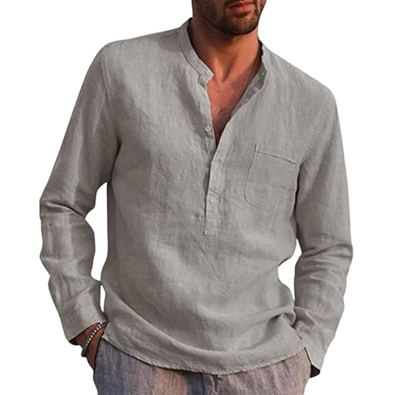Mens Long Sleeve Cotton Linen Shirt Casual Solid Button-up V Neck Tops T Shirt - Picture 21 of 23