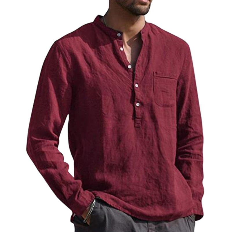 Mens Long Sleeve Cotton Linen Shirt Casual Solid Button-up V Neck Tops T Shirt - Picture 22 of 23