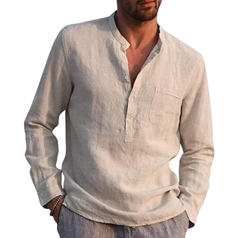 Mens Long Sleeve Cotton Linen Shirt Casual Solid Button-up V Neck Tops T Shirt - Picture 23 of 23