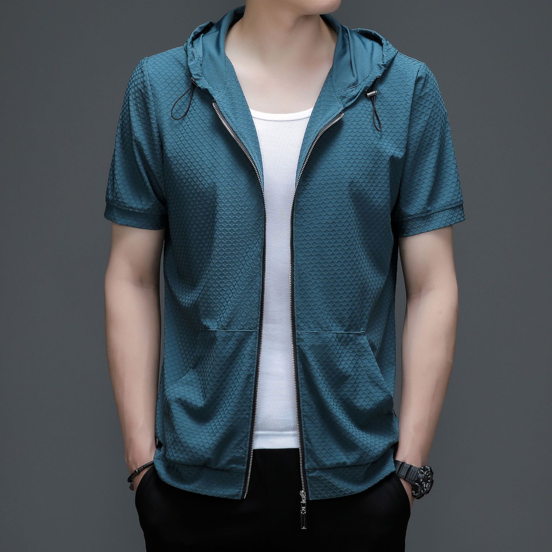 Men's Spring Hooded Short Sleeve Casual Simple Soft / Comfortable Sports Hoodies - Foto 21 di 22