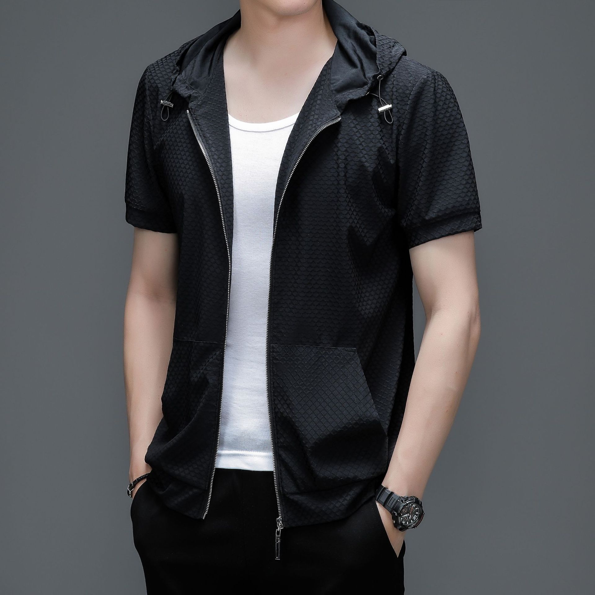 Men's Spring Hooded Short Sleeve Casual Simple Soft / Comfortable Sports Hoodies - Foto 22 di 22