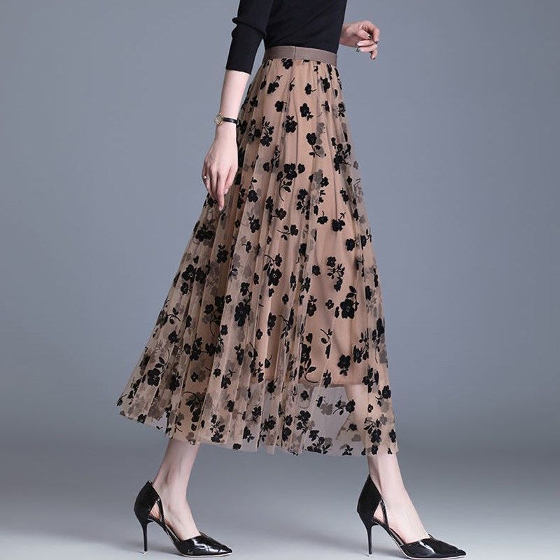 Women's Long Mesh Tulle Skirt Flocking Floral Pleated 3 Layer A-Line Tutu Skirt - Picture 29 of 31