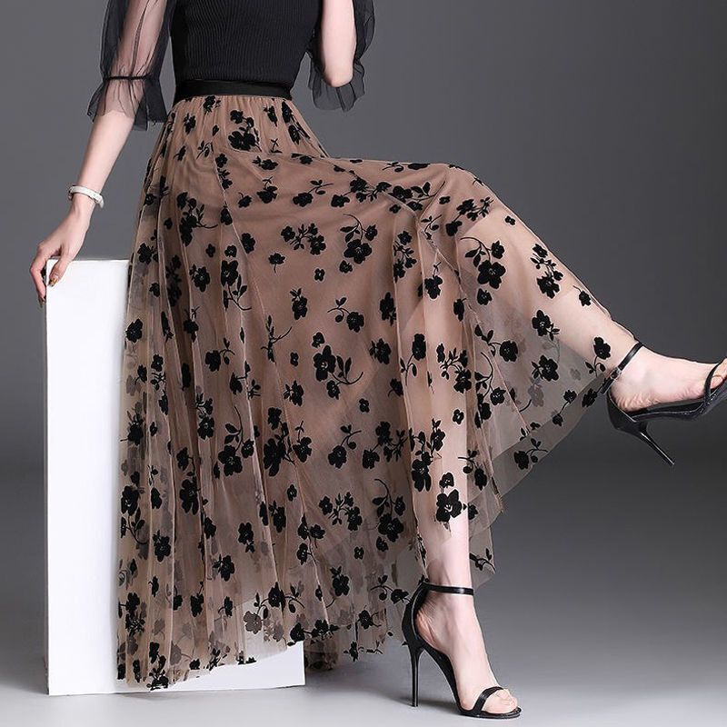 Women's Long Mesh Tulle Skirt Flocking Floral Pleated 3 Layer A-Line Tutu Skirt - Picture 28 of 31