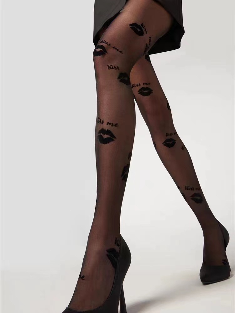 Women Sexy Stockings Anti Hook Silk Pantyhose Lip Print Letter Black Stockings - Picture 13 of 22