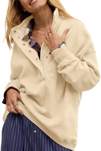 Oversized Henley Neck Sweatshirt - Women's Button Front Casual Pullover Tops - Picture 18 of 88