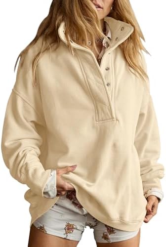 Oversized Henley Neck Sweatshirt - Women's Button Front Casual Pullover Tops - Picture 17 of 88