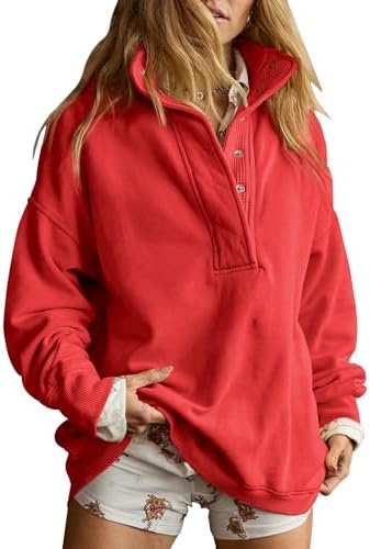 Oversized Henley Neck Sweatshirt - Women's Button Front Casual Pullover Tops - Picture 23 of 88