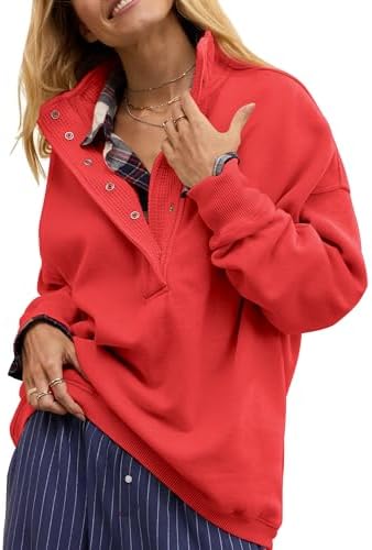 Oversized Henley Neck Sweatshirt - Women's Button Front Casual Pullover Tops - Picture 24 of 88